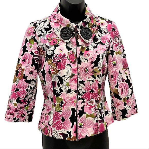 Theresa Renz Pink and Black Floral 1/2 Sleeve Fitted Blazer Size Small Petite - Picture 1 of 7